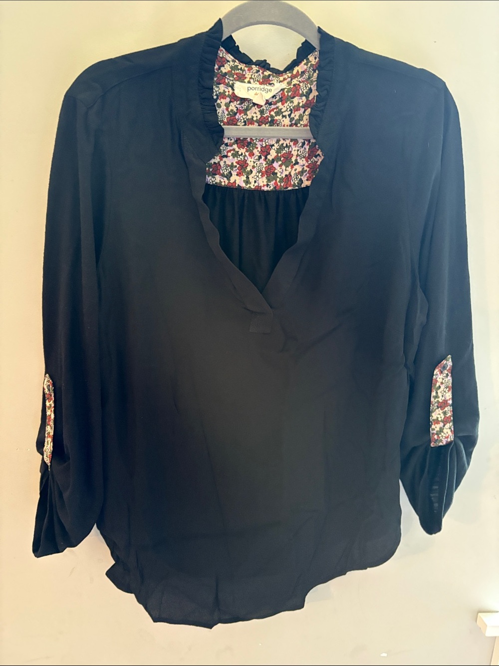 Porridge Black Floral-Trim Split-Neck Blouse